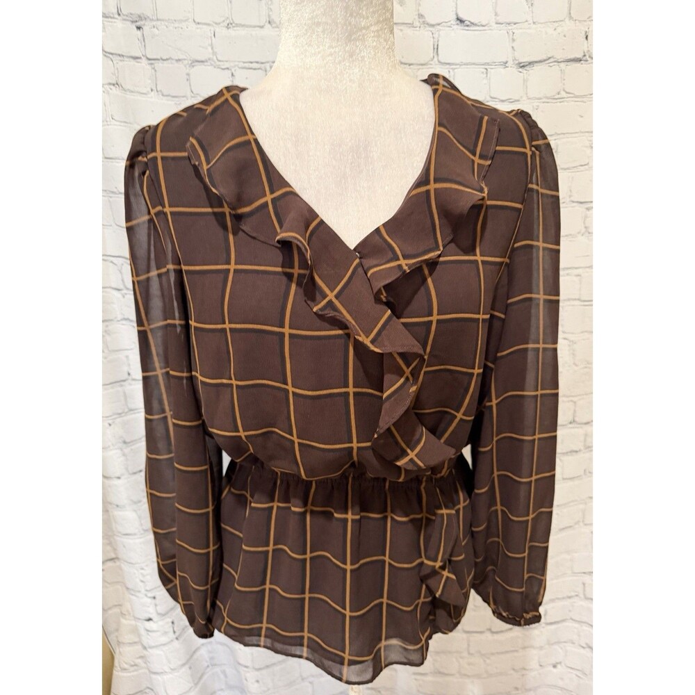 Calvin Klein Woman's Brown Printed Faux Wrap Long Sleeve Top Blouse Size Small
